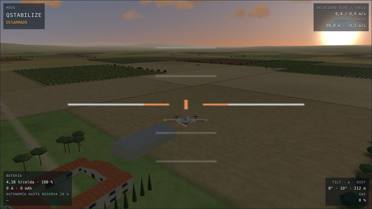 Vista desde el suelo del avión VTOL en vuelo estacionario al atardecer sobre campos de olivos, con el OSD de modo, velocidad, altura y batería