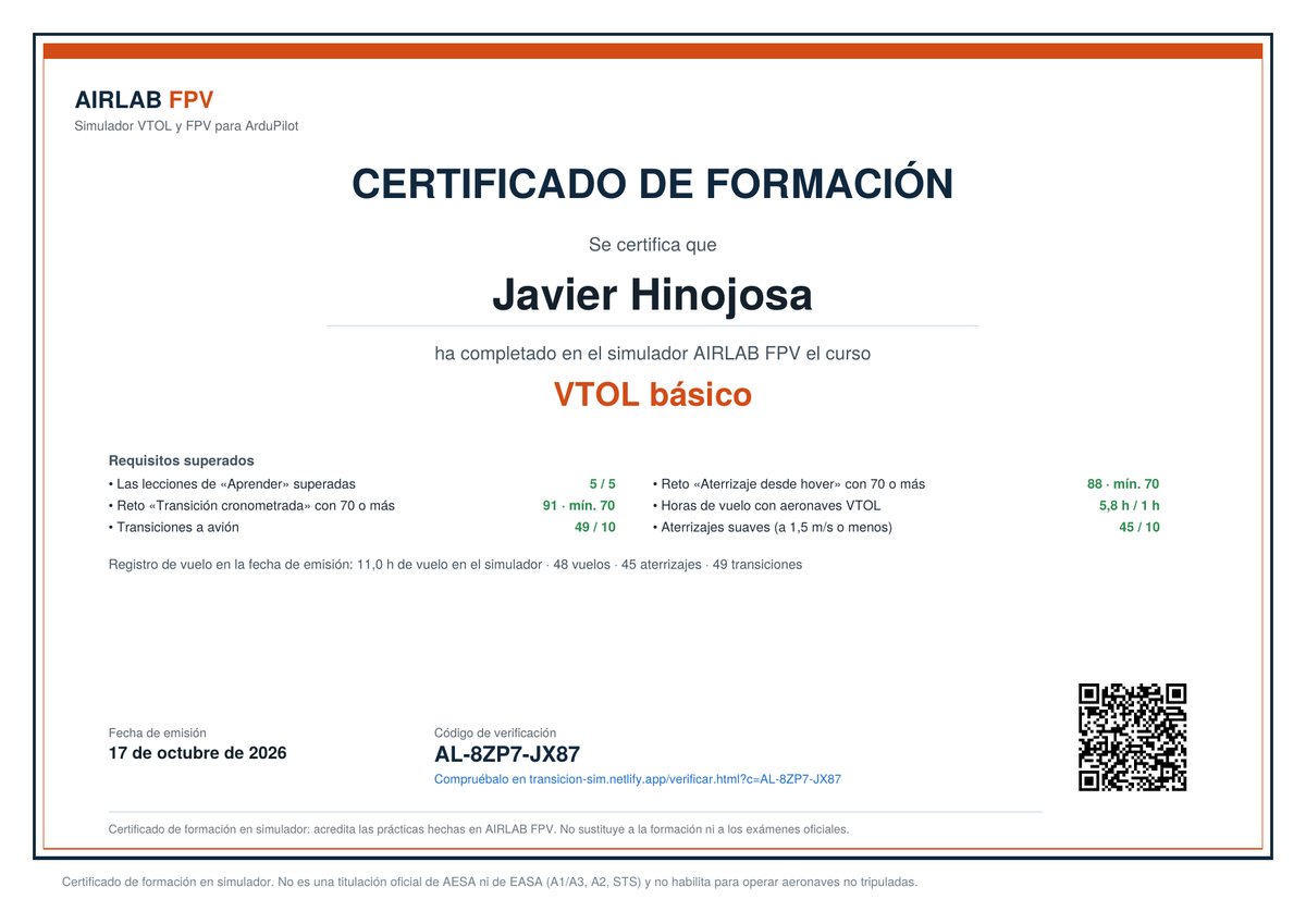 Certificado de formación del curso VTOL básico con código de verificación y QR