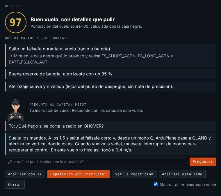 Debrief del vuelo con nota sobre 100 y la conversación con el Capitán Pitot sobre qué hacer si se corta la radio en QHOVER